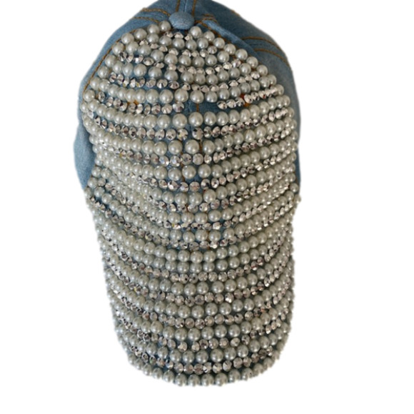 Chic Embellished Faux Pearl Rhinestone Ltwash Distressed Denim Baseball Cap Hat - Picture 4 of 9